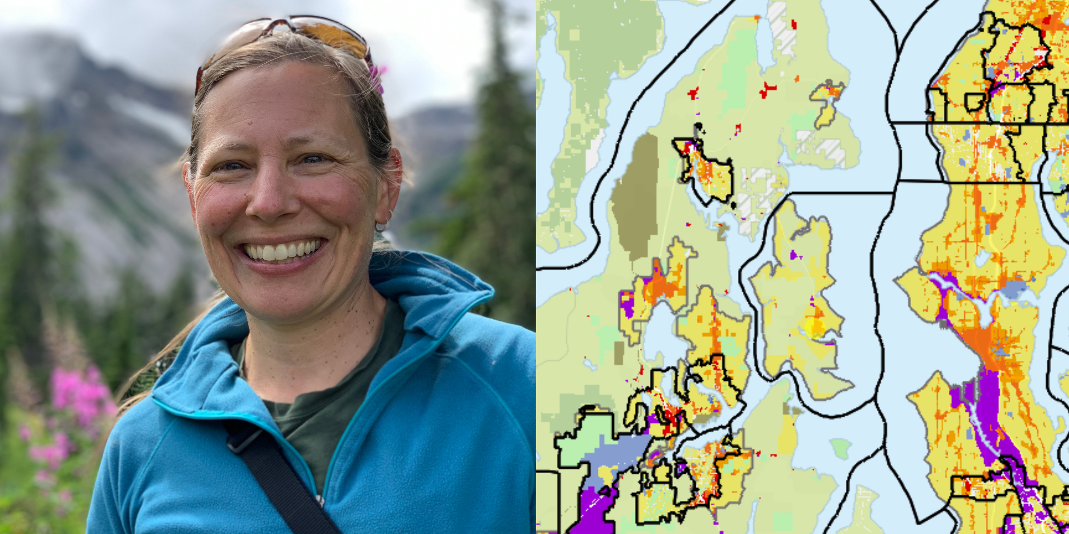 Headshot of Tamar Laninga next to detail of Washington state zoning map